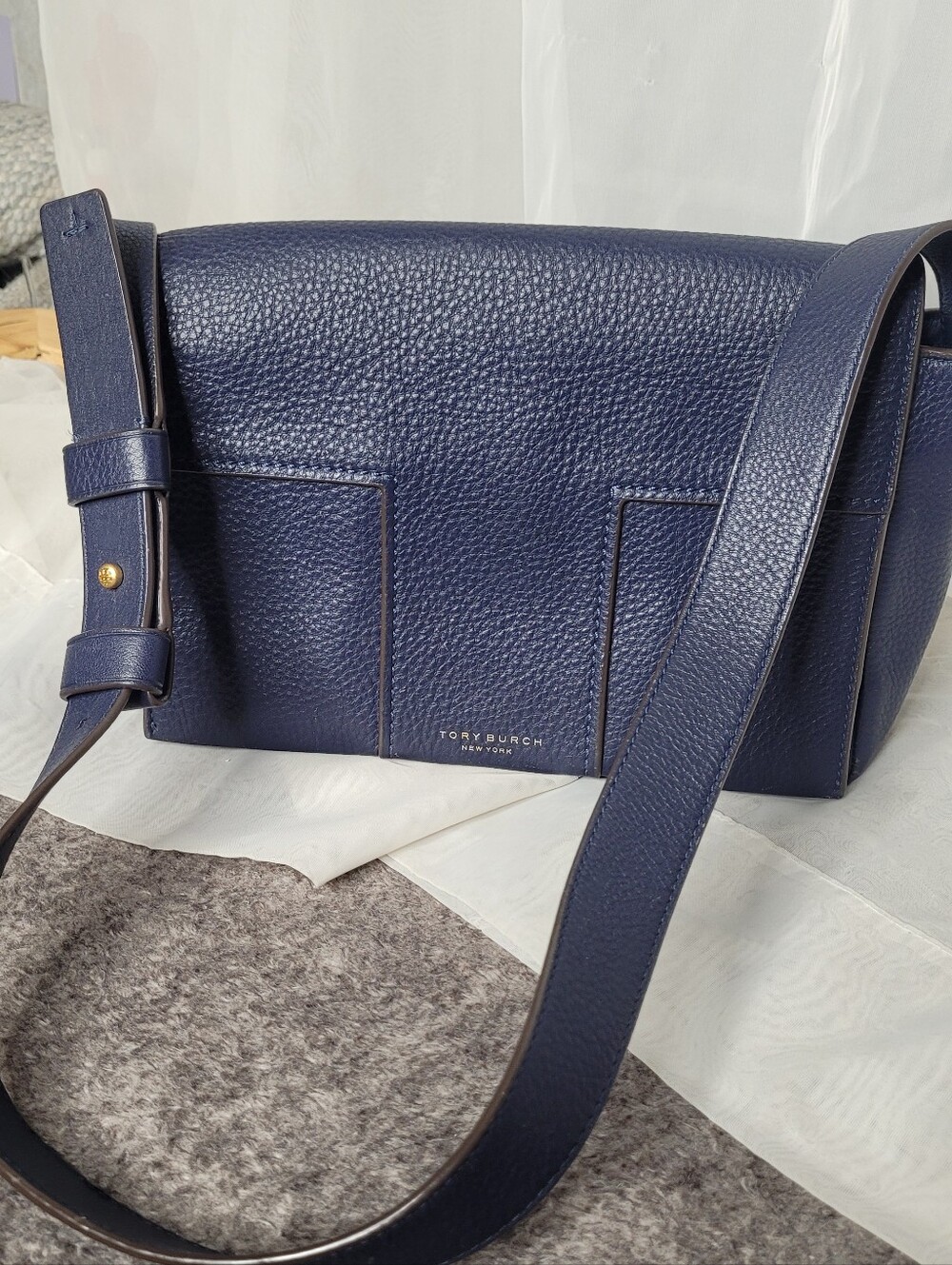 Tory Burch Block-T Pebbled Leather Shoulder Bag Royal Blue